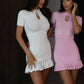 Summer Short Sleeve Ruffle Mini Dress Women Sweater Pullover Elegant Fashion Hollow Out Ribbed Slim High Waist Dress