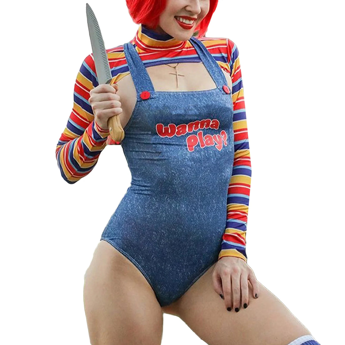 Women 2 Pcs Scary Killer Doll Costume Set Sling Jumpsuit Horror Party Cosplay