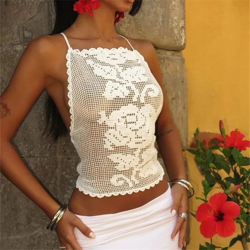 Women Boho Crochet Cami Top Halter Neck Open Back Floral Pattern Fitted Crop Top for Beach Cover Up Vacation Photoshoot