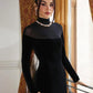 Full Sleeve Turtleneck Mesh Patchwork Long Dress Woman Elegant Velvet Slim High Waist Evening Prom Party Elegant Bodycon