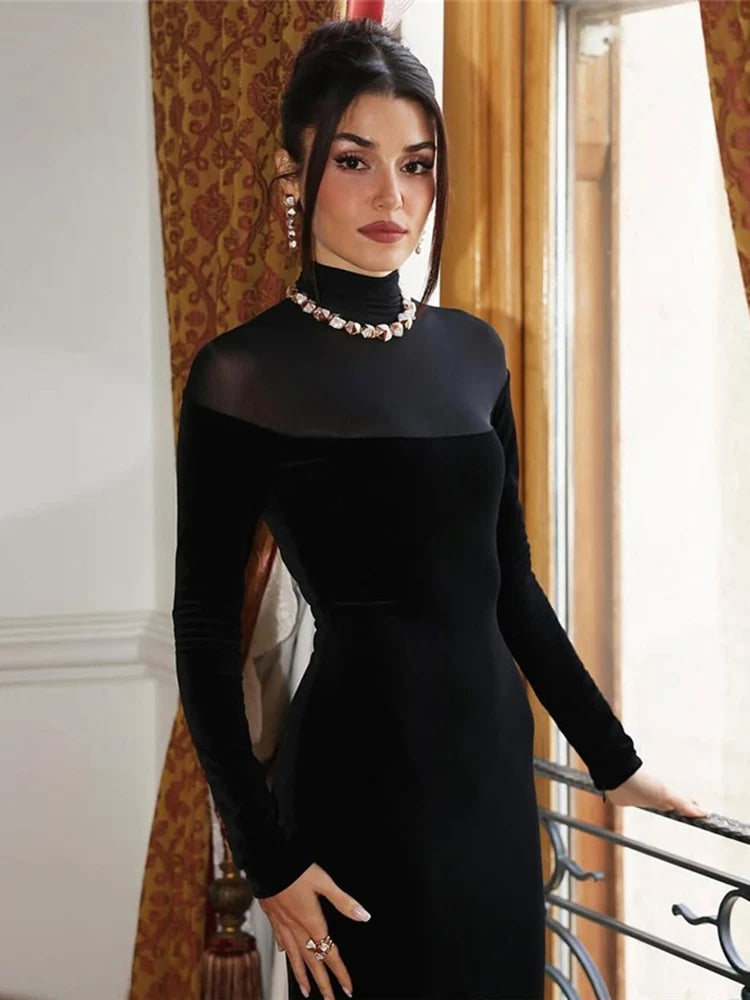 Full Sleeve Turtleneck Mesh Patchwork Long Dress Woman Elegant Velvet Slim High Waist Evening Prom Party Elegant Bodycon