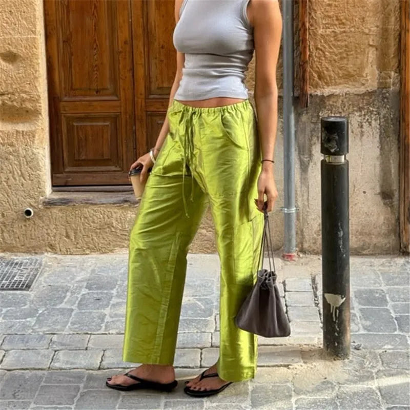 Women Glossy Satin Cargo Pants Drawstring Elastic Waist Loose Straight Leg with Pockets Y2K Casual Ankle Length Trousers