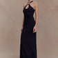 Black Halter Sexy Maxi Dress Women Elegant Gold Ring Off-shoulder Sleeveless Backless Bodycon Club Party Long Dresses