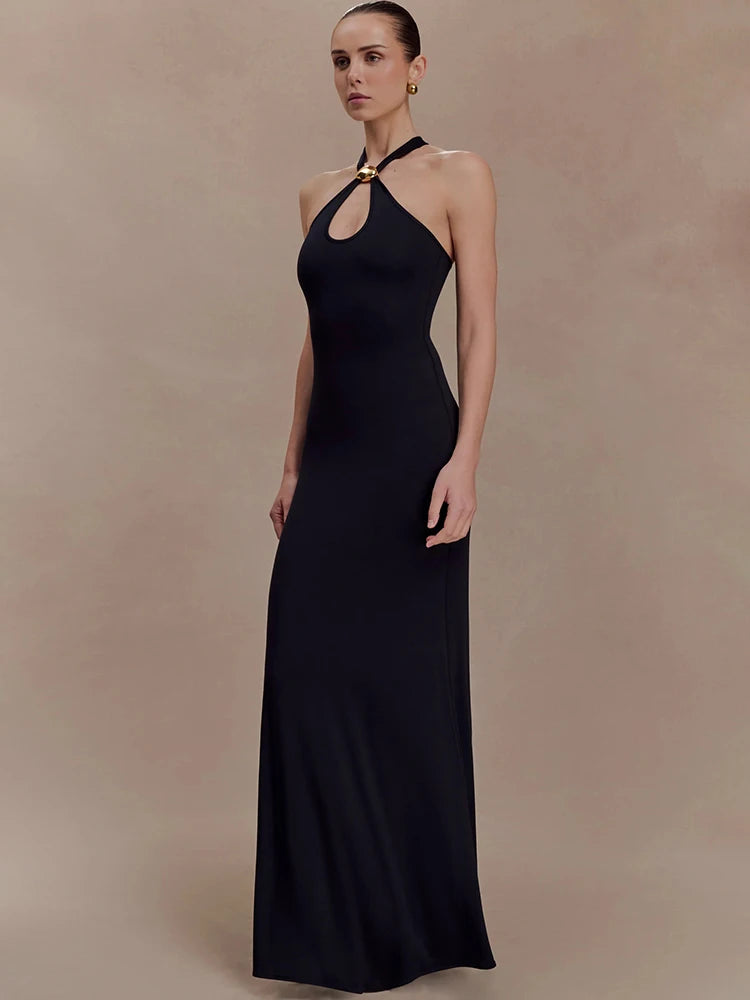Black Halter Sexy Maxi Dress Women Elegant Gold Ring Off-shoulder Sleeveless Backless Bodycon Club Party Long Dresses