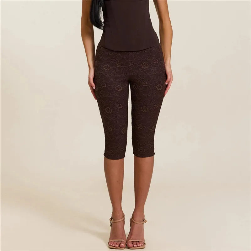 Elegant Women Floral Embossed Lace Capri Leggings High Waist Slim Stretch Knee Cropped Pants Solid Daily Casual Bottoms