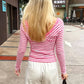 Daily Casuals Fashion Stripes T-Shirt Women Trend Simple V-Neck Line Patchwork Full Sleeve Chic Sporty Street Crop Tees