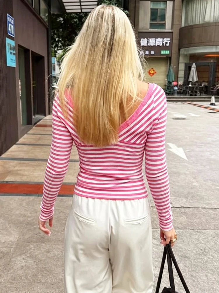 Daily Casuals Fashion Stripes T-Shirt Women Trend Simple V-Neck Line Patchwork Full Sleeve Chic Sporty Street Crop Tees