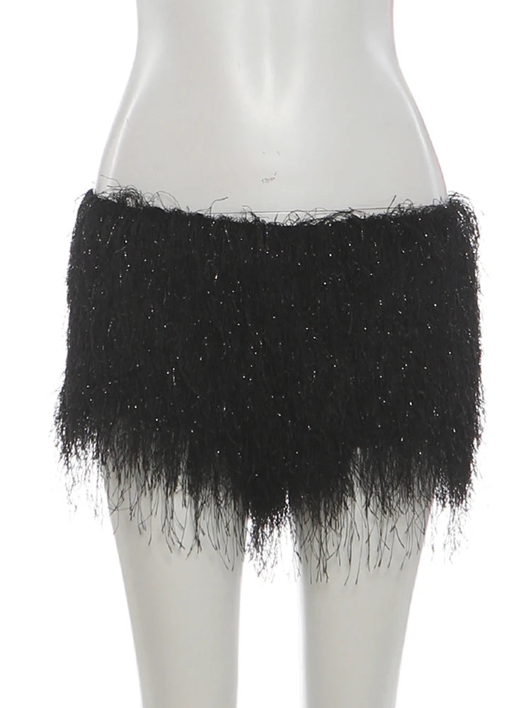 Party 2 Piece Set Women Jacquard Full Sleeve O-Neck Bodysuits+Tassel Shiny Threads Shorts Chic Sexy Fashion Club Suits