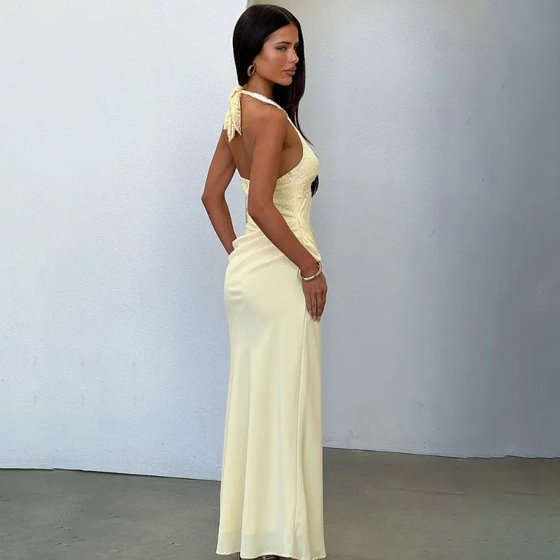 Halter Maxi Dress Lace Satin Patchwork Elegant Sexy Party Dresses for Woman Birthday Outfits