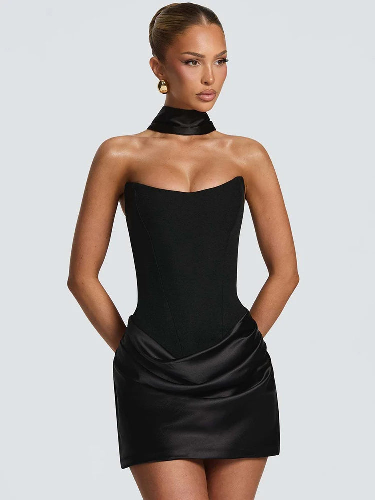 Satin Strapless Backless Sexy Mini Dress Women Elegant Halter Choker Neck Ruched Waist Bodycon Club Party Dresses