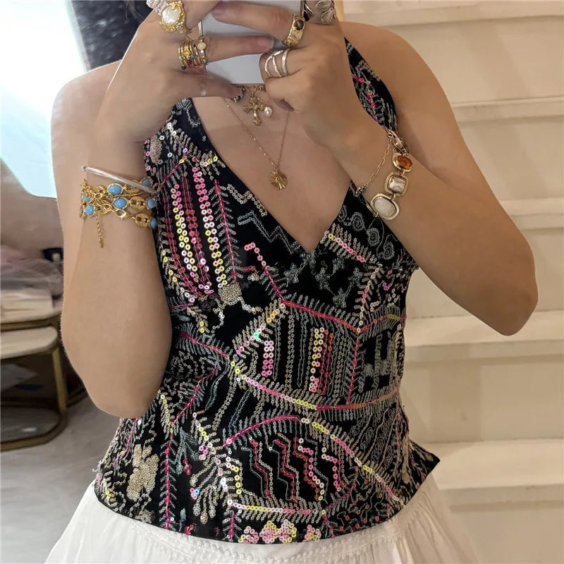 Y2k Woman Sexy Colorful Sequin Tank Tops Sleeveless Halter Neck Crop Vest V Neck Backless Cami Tops Streetwear