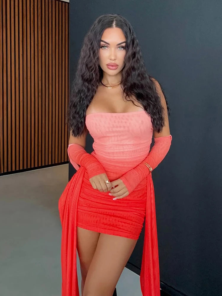 See Through Dress+Shawl Women Sexy Summer Side Ribbon Ruched Coquette Skinny Midnight Clubwear Vacation Party Bodycon