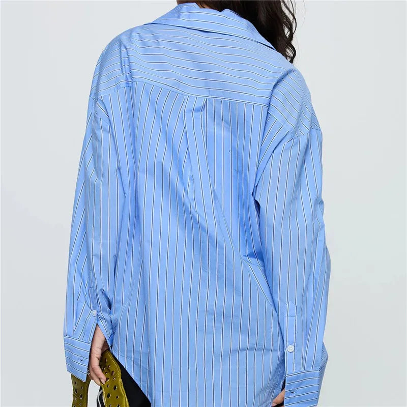 Women Spring Button Down Shirt Pinstripe Loose Fit Long Sleeve Button Up Shirt Wide Collar Casual Tops Workout Shirts