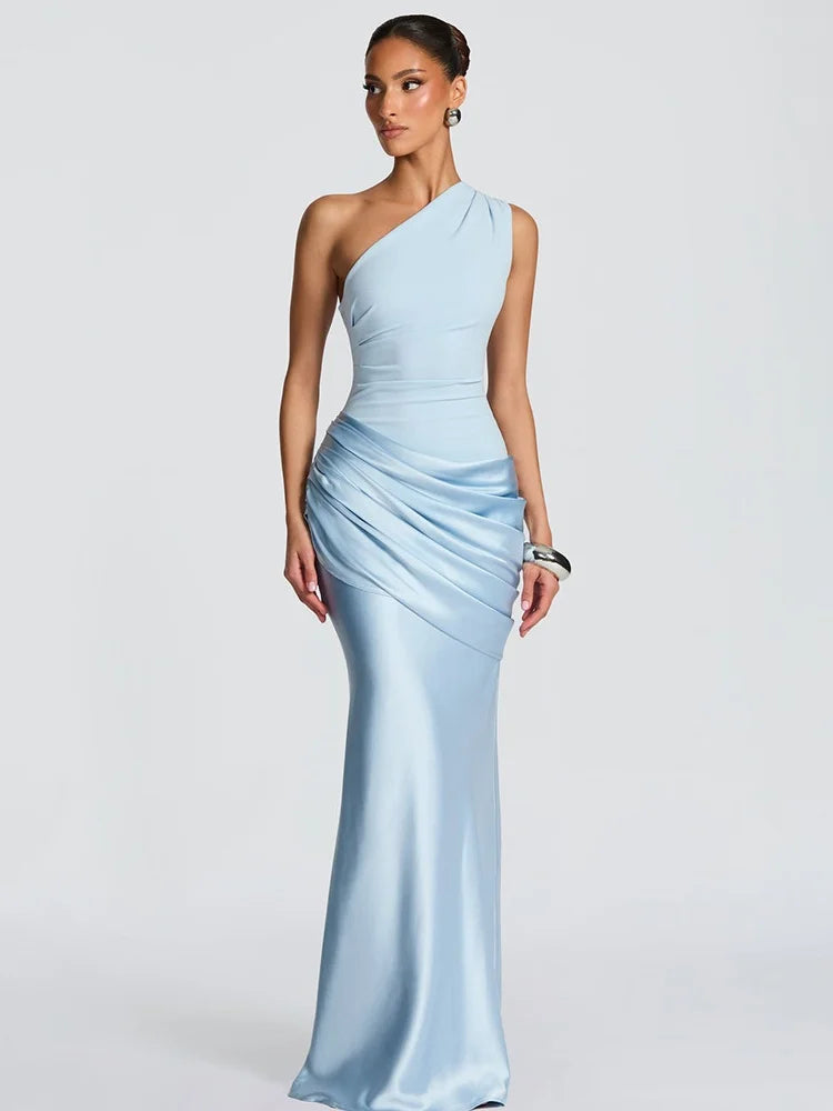 Satin Splicing One Shoulder Draped Maxi Dress Evening Gown Woman Party Dresses Elegant Sexy