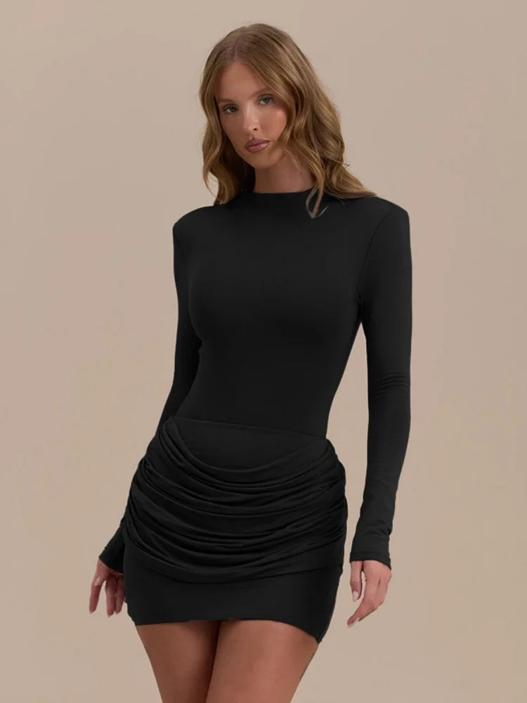 Long Sleeve Ruched Mini Dress Fashion Fall Winter Solid Color Bodycon Dresses for Woman Clothes