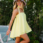 Women Summer Halter Neck Babydoll Tops+Elastic Waist Shorts 2 Piece Casual Set Sleeveless Backless Ruffled Hem Beachwear