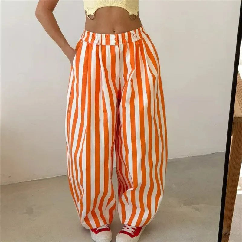 Women Vertical Striped Balloon Pants Elastic High Waist Double Button Loose Baggy Wide Leg Casual Trousers With Pockets