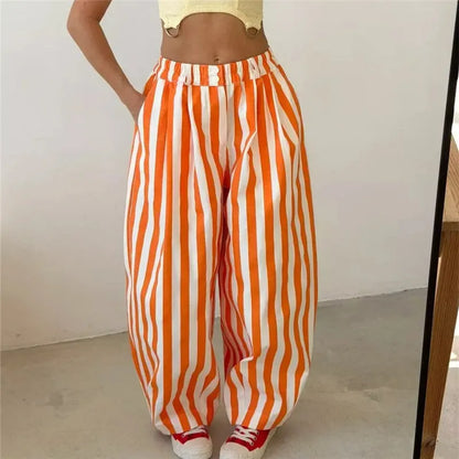 Women Vertical Striped Balloon Pants Elastic High Waist Double Button Loose Baggy Wide Leg Casual Trousers With Pockets