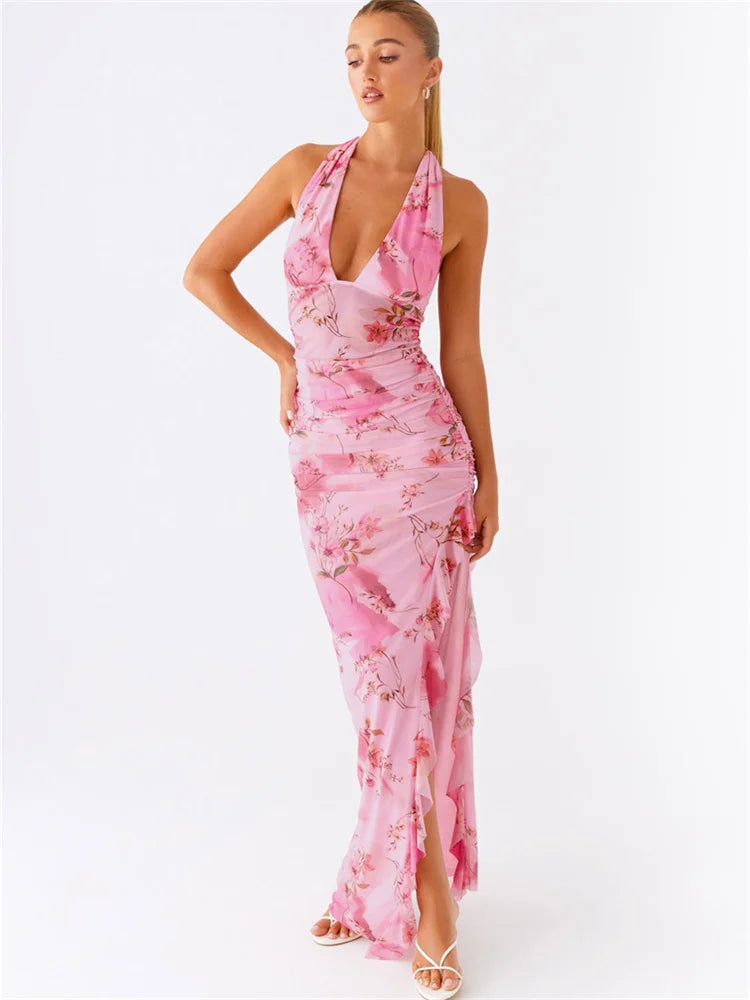Flower Print Maxi Dress Women Bandage Halter Low-Neck Sexy Backless Ruffles Split Hem Vacation Trend Elegant Vestidos