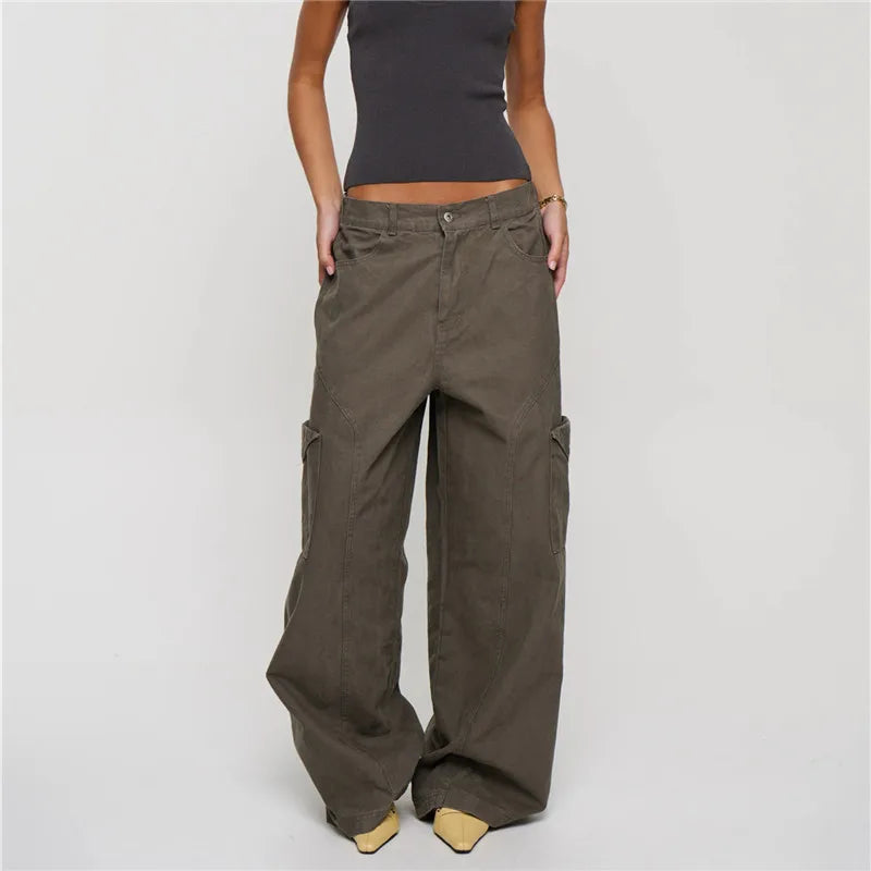 Vintage Y2K Women Baggy Wide Leg Cargo Pants Mid Rise Flap Multi Pockets Stitch Seam Loose Straight Trousers Streetwear