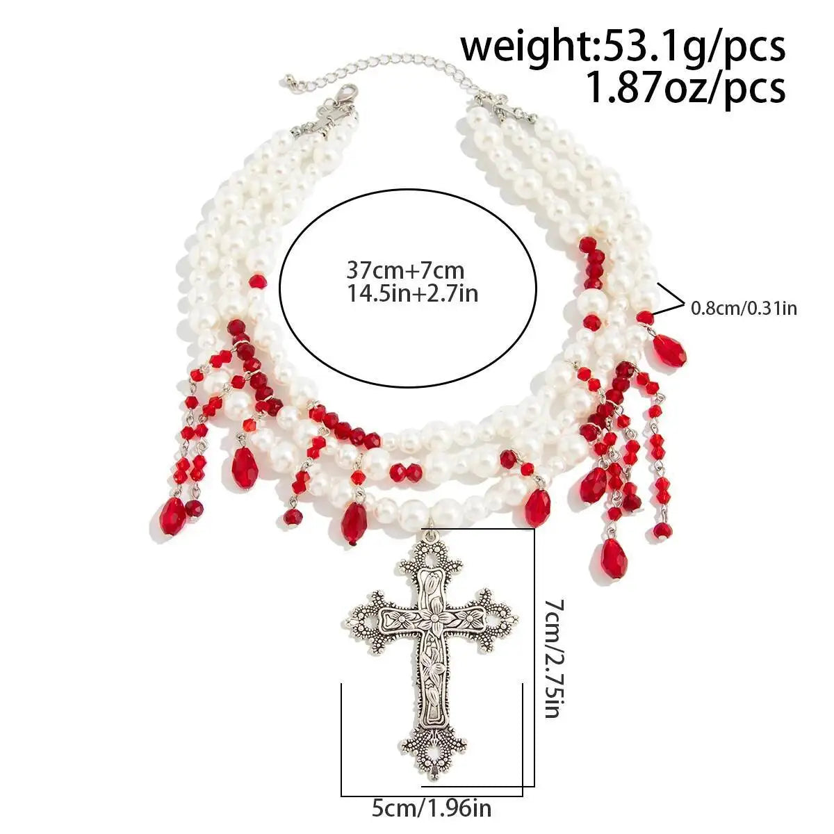 Gothic Multi-layer Imitation Pearl Choker Necklace for Women Vintage Red & Black Crystal Cross Pendant Halloween Jewelry