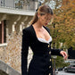 Square Neck Long Sleeve Short Dresses Winter Elegant Black Dress French Vintage Fashion Clothes for Women