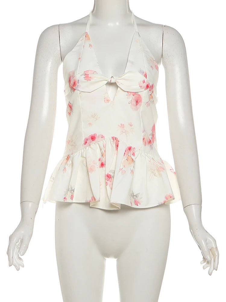 Romantic Flower Print 2-Piece Set Women Halter Bandage Bows Ruffles Backless Camisole+Long Skirts Vacation Clubwear