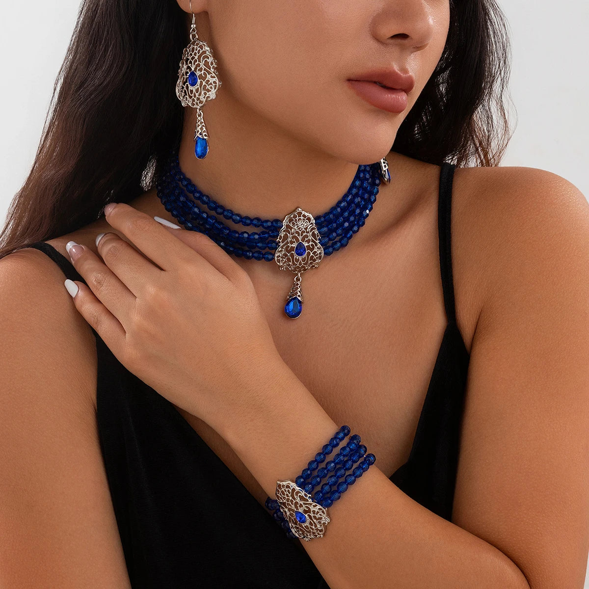 Goth Multilayer Crystal Chain Necklace Bracelet Drop Earrings for Women Temperament Jewelry Set Halloween Accessories