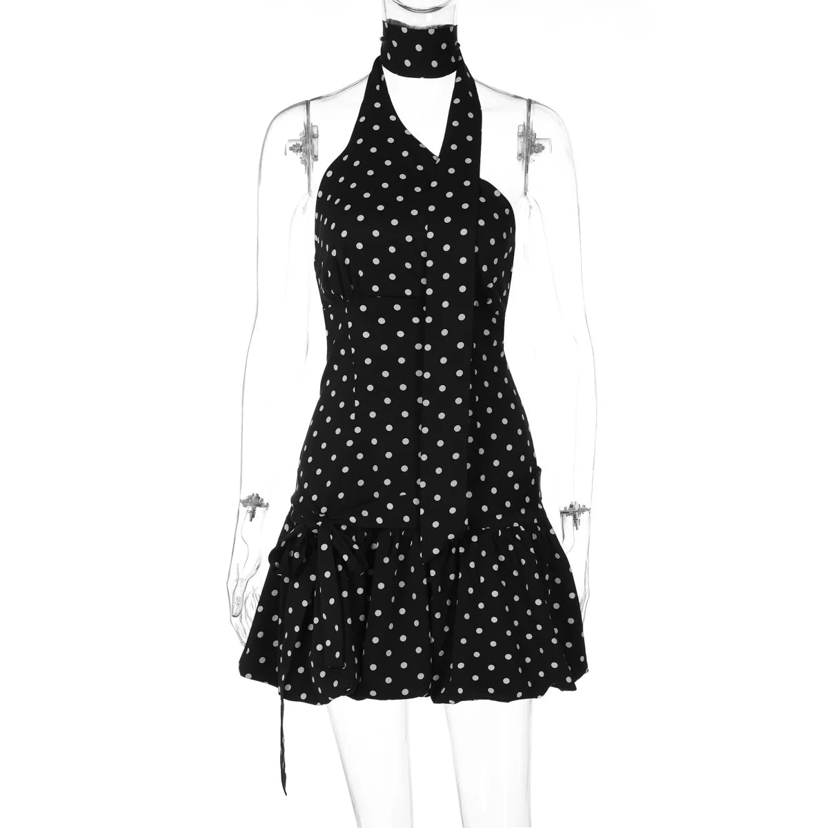 Women Y2K Polka Dot One Shoulder Mini Dress Halter Neck with Neck Scarf Ruffle Hem Bodycon Party Dress for Club Night