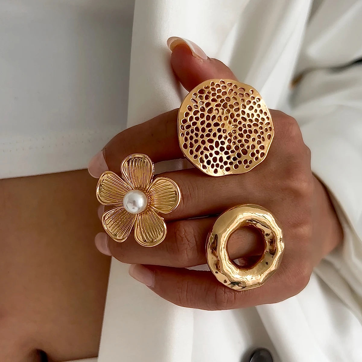Creative Unique Metal Petal Flower Branch Open Ring Women Punk Gold Color Geometric Adjustable Rings Y2K Couple Jewelry