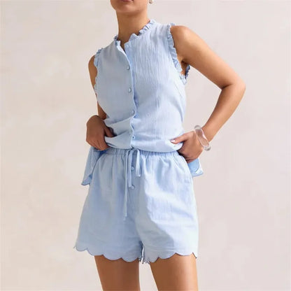 Women’s Casual 2 Piece Outfits Summer Sleeveless Ruffle Trim Tank Tops and Elastic Waist Shorts Set Vacation Beachwear