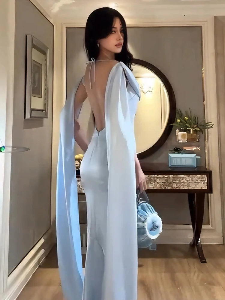 Backless Bandage Maxi Dress Women Long Tassel Low-Neck Solid Skinny Elegant Birthday Party Chic Vacation Vestidos