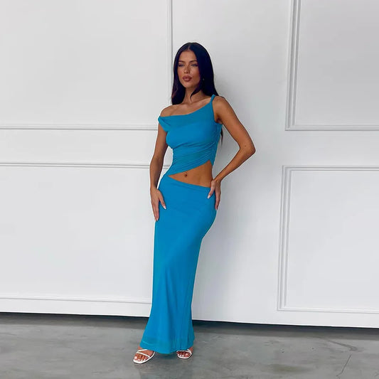 Sexy 2 Pieces Set Women Outfit Twisted One Shoulder Asymmetrical Top and Long Skirt Blue Summer Dress Suit