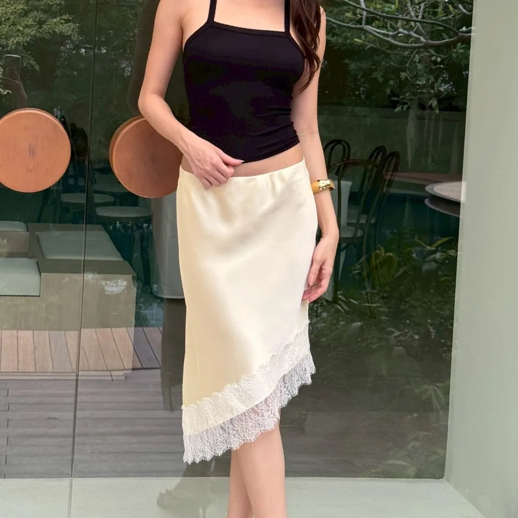 Elegant Women Midi Skirt Y2K Vintage Low Waist Skirt Solid Lace Trim Irregular Summer Spring Skirts Casual Streetwear