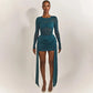 Mesh Splicing Long Sleeve Draped Mini Dress Green Black Club Dresses Sexy Fall Clothes Woman 2025