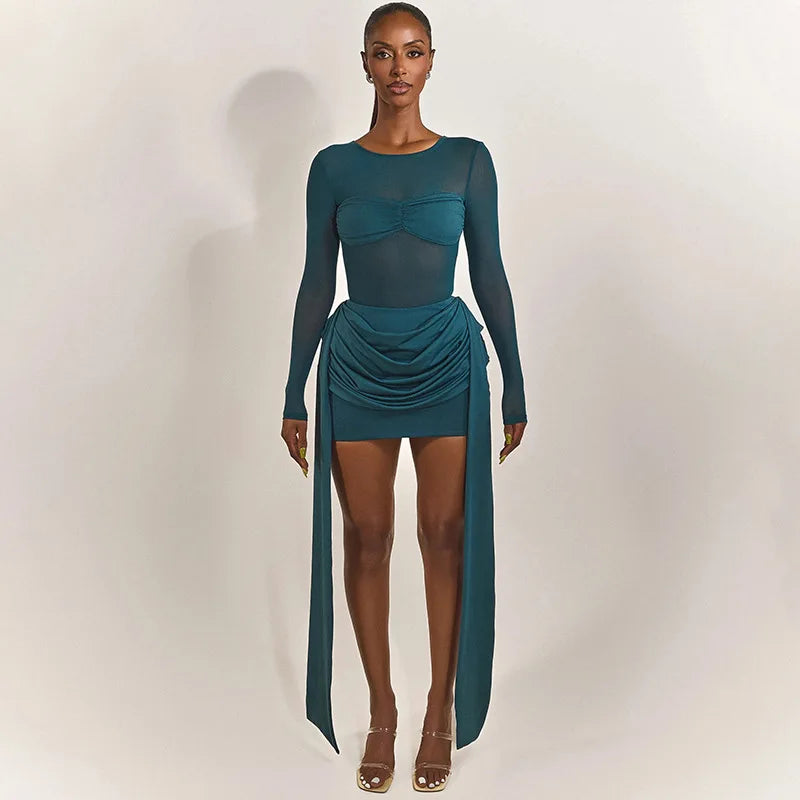 Mesh Splicing Long Sleeve Draped Mini Dress Green Black Club Dresses Sexy Fall Clothes Woman 2025