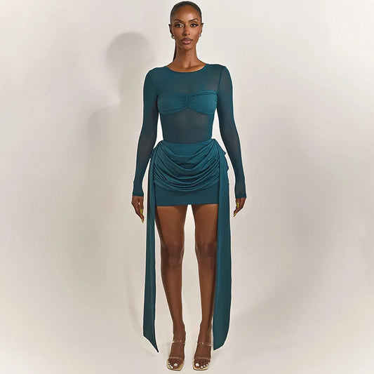 Mesh Splicing Long Sleeve Draped Mini Dress Green Black Club Dresses Sexy Fall Clothes Woman 2025