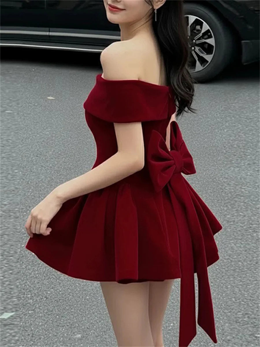 Ruched Bow Patchwork Dress Women Noble Chic Slash Neck Sleeveless Zip Ruffled Stretch Party Prom Banquet Sexy Bodycon