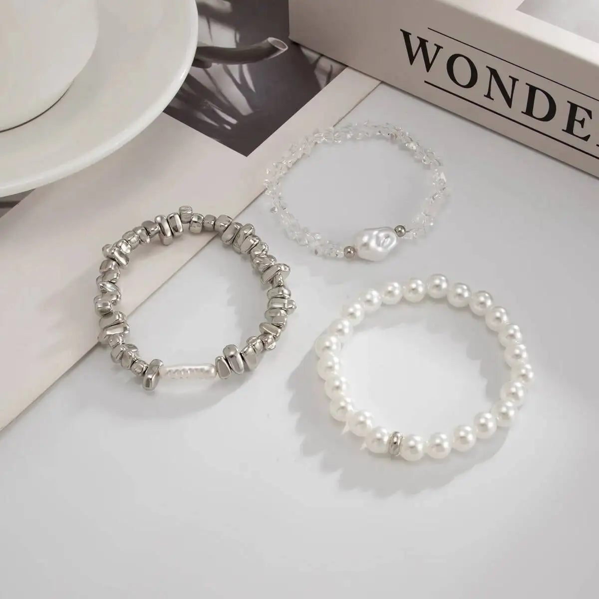 3 Pcs/Set Elegant Baroque Imitation Pearl Bracelets for Women Luxury Stacked Crystal Bead Chain Bracelet Wedding Jewelry