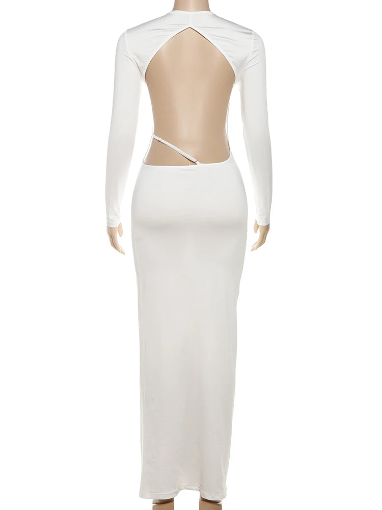 Backless Dress Women Sexy o-Neck Full Sleeve Adjustable Straps Autumn Fashion Skinny Simple Midnight Maxi Bodycon