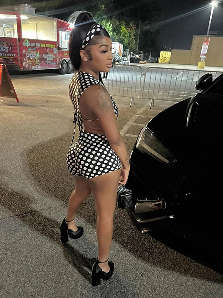 Polka Dot Sexy 2 Piece Set Women Side Split Sleeveless Bandage Bodysuit+Shorts Matching Hipster Party Clubwear Suits