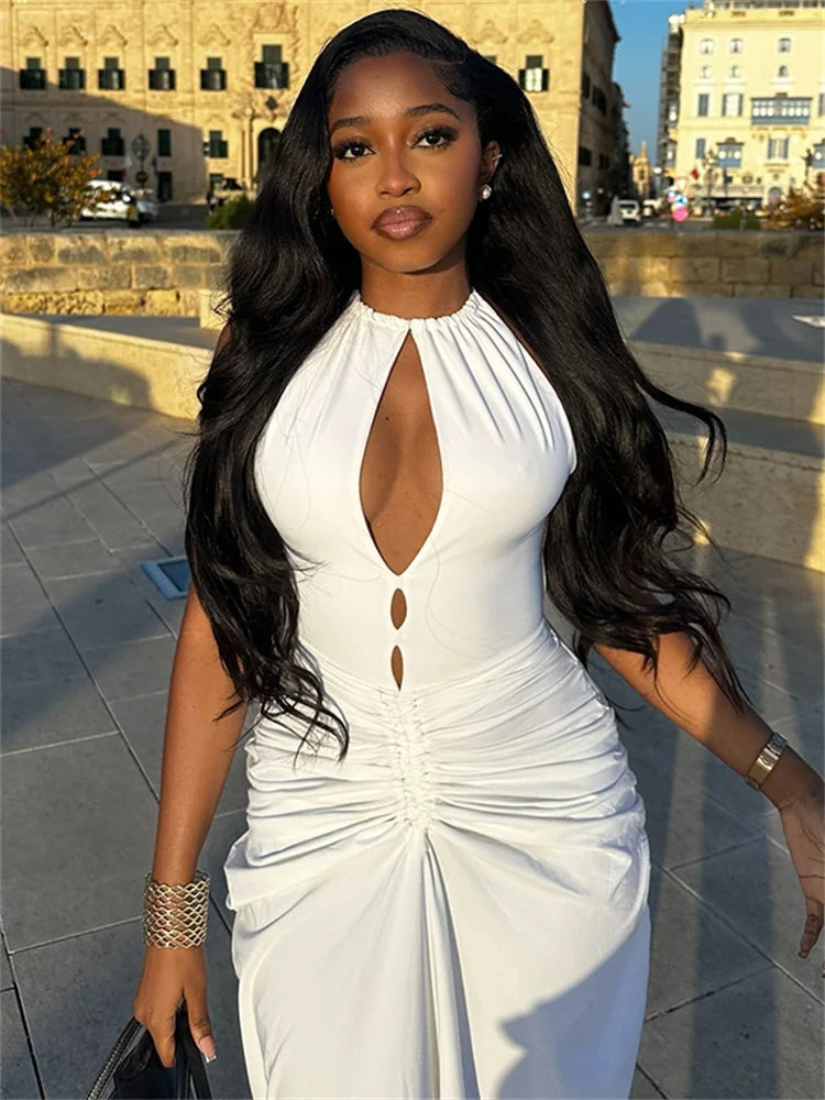 Sexy Hollow Dress Women Lace-Up Halter Sleeveless Ruched Elegant Robe Hottie Skinny Stretch Streetwear Long Bodycon