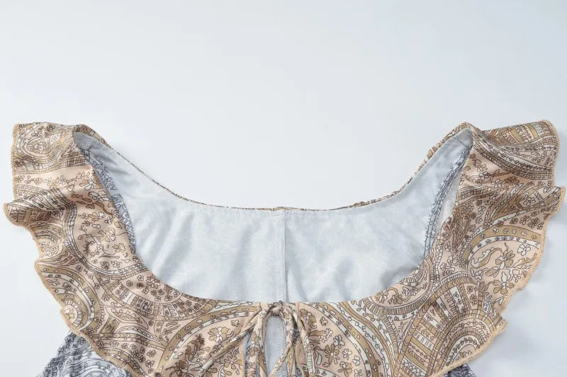 Off The Shoulder Ruffled High Split Dress for Woman Elegant Paisley Print Sleeveless Long Dresses Resort Wear