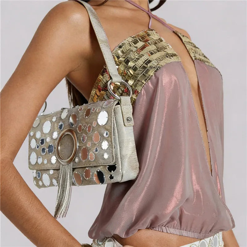 Summer Sheer Backless Tie Up Halter Camis Sequin Patchwork Split Front Crop Top Sexy Women Beach Sleeveless Shirt Vest