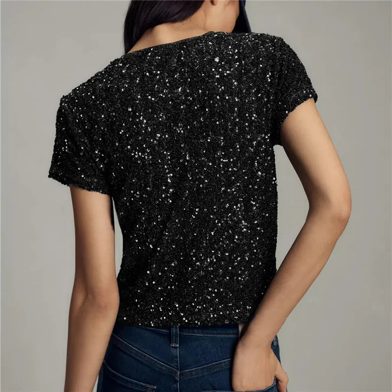 Women Sequin Glitter T Shirts Short Sleeve Round Neck Slim Fit Tee Tops Shiny Sparkly Party Club Shirts Y2K Streetwear