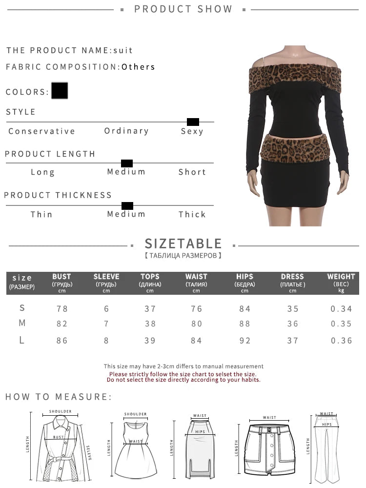 Leopard Print Plush Patchwork 2-Piece Set Women Slash Neck Full Sleeve Crop Tops+Elastic Waist Skirt Sexy Autumn Suit