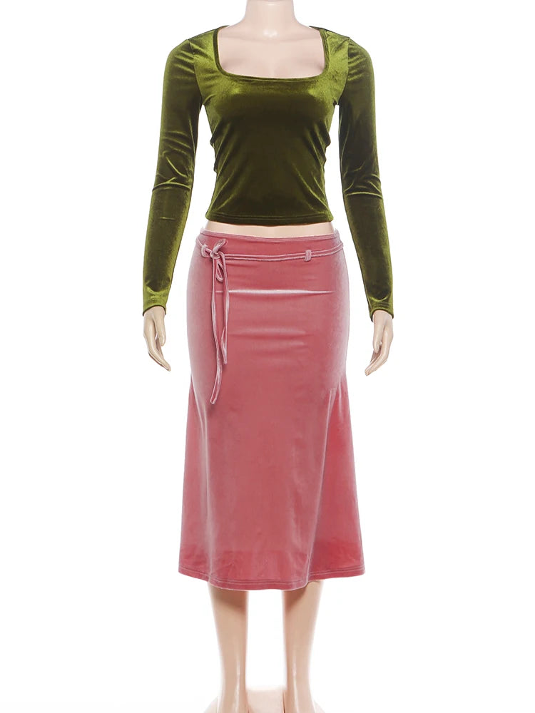 Velvet Elegant 2 Piece Set Woman Autumn Trend Square Collar Full Sleeve Crop Tops+Tassel Long Skirts Fashion Suits