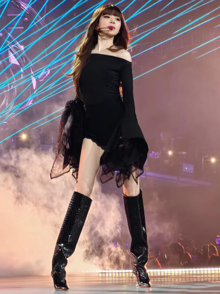 Music Festival 2-Piece Set Women Irregular Long Flare Sleeve Off-Shoulder t-Shirt+Lace Simple Short Sexy Fashion Suit