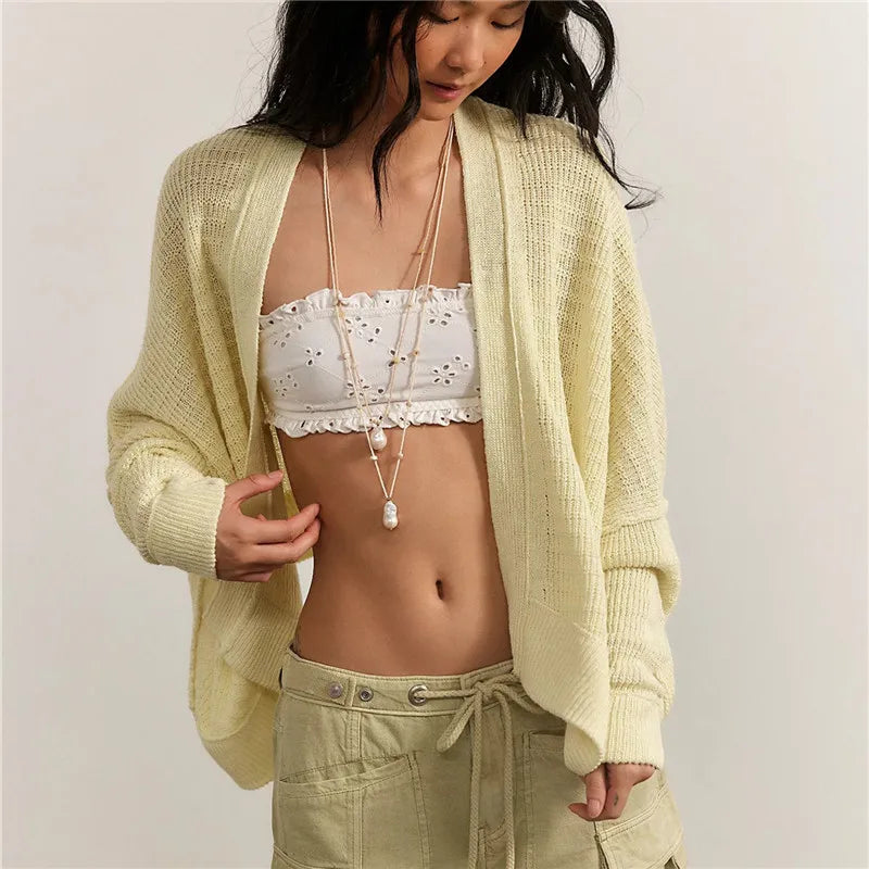 Women Open Front Waffle Knit Cardigan Batwing Long Sleeve Loose Irregular Hem Hollow Knitted Outerwear Boho Casual Top