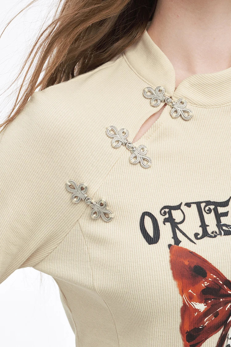 2025 Winter New Arrivals Y2K Chinese Style Irregular Button Collar Bow Graphic Long Sleeve Tshirt For Women
